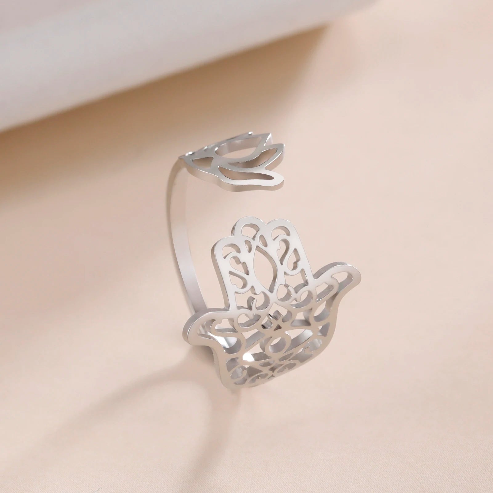 Lotus Hamsa Hand Ring