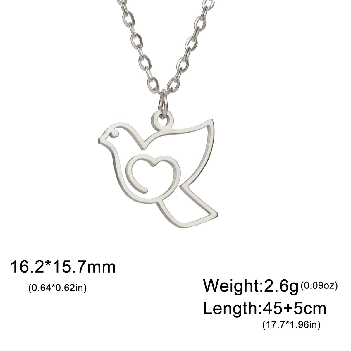 Love Heart Bird Dove Necklace - Stainless Steel Pendant Chain