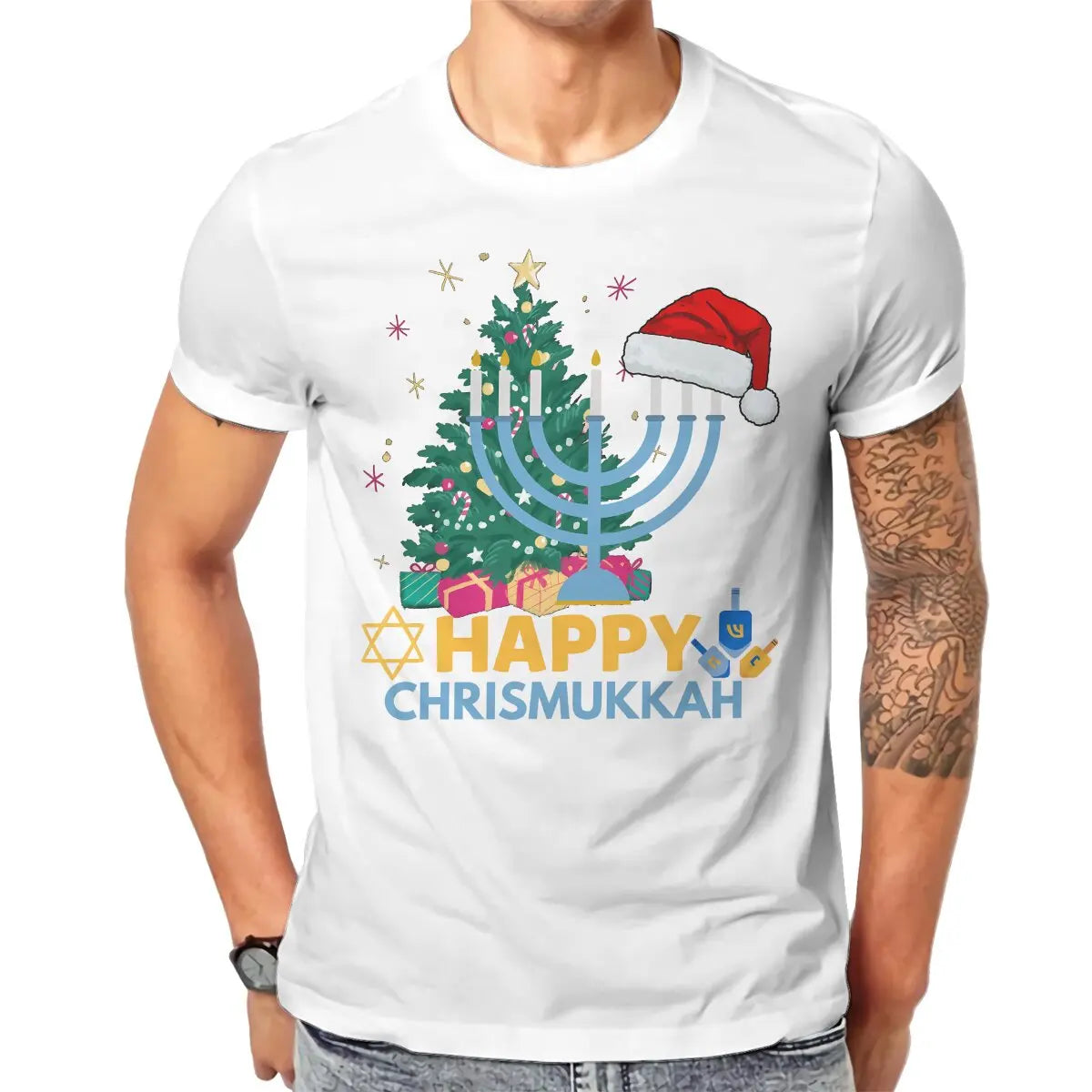 Funny Chrismukkah Harajuku T-Shirt - Happy Hanukkah Pattern Streetwear