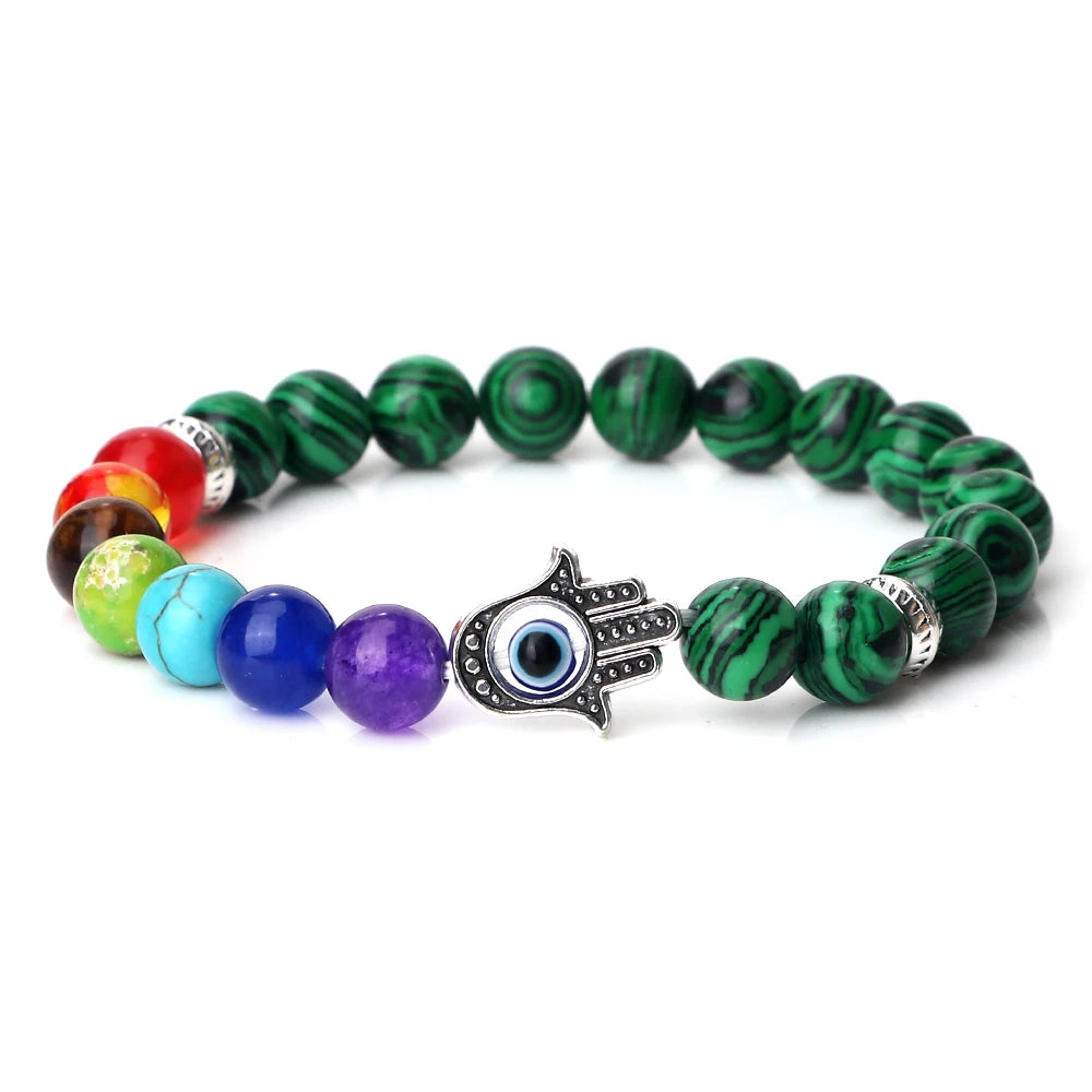 7 Chakra Bracelet - Natural Tiger Eye, Lava, Onyx & Agate Beads with Turkish Evil Eye & Hand of Fatima Charms