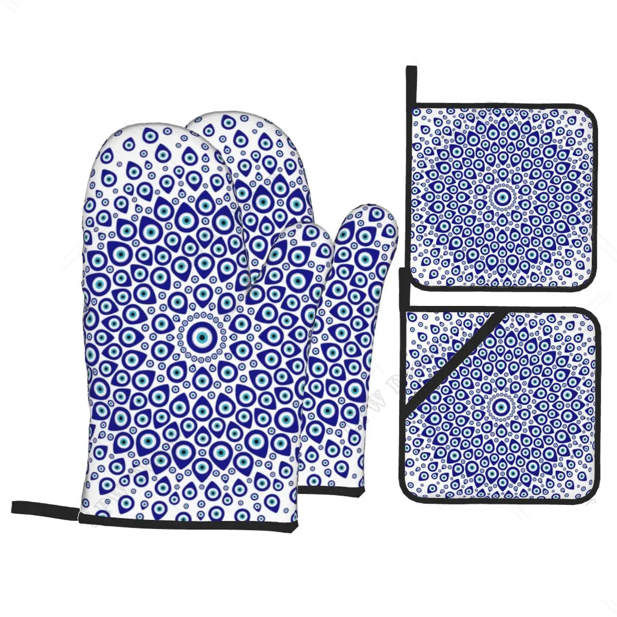 Evil Eye Hamsa Hand Pattern Oven Mitts & Pot Holders Set (4PC)