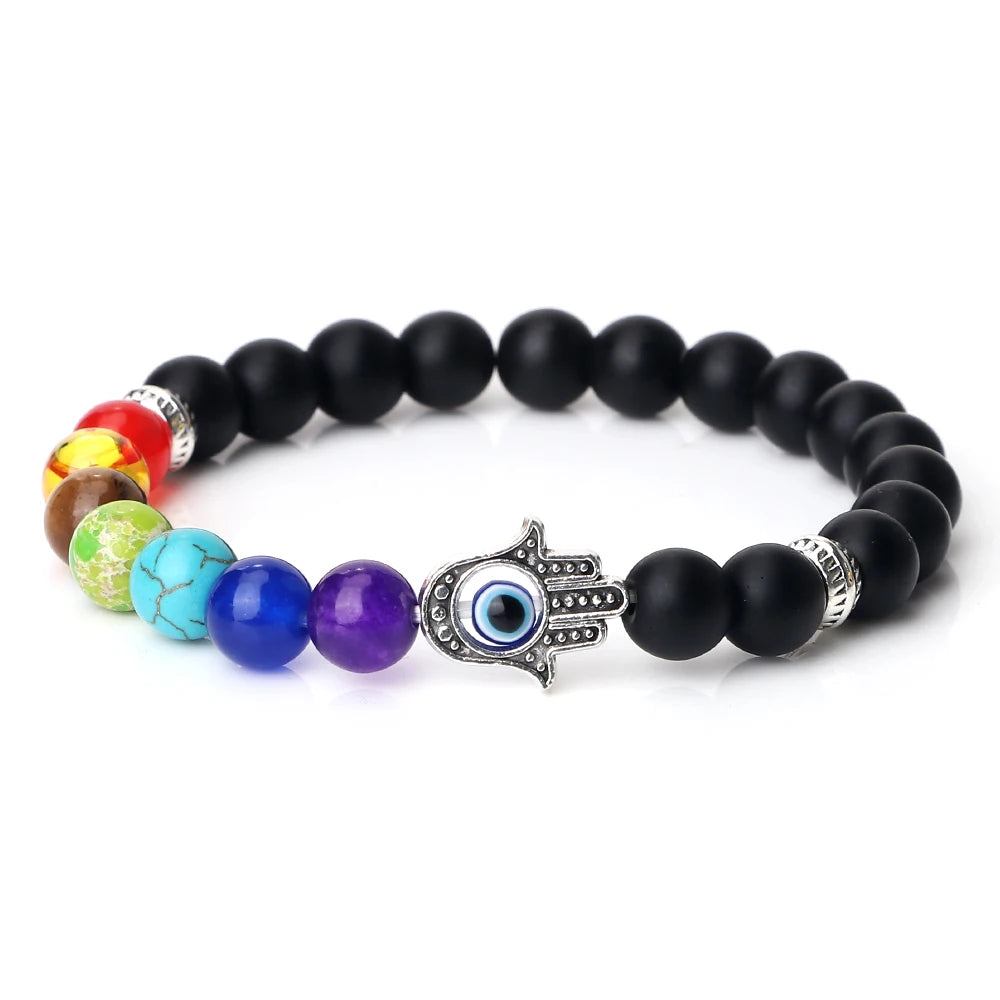 7 Chakra Bracelet - Natural Tiger Eye, Lava, Onyx & Agate Beads with Turkish Evil Eye & Hand of Fatima Charms