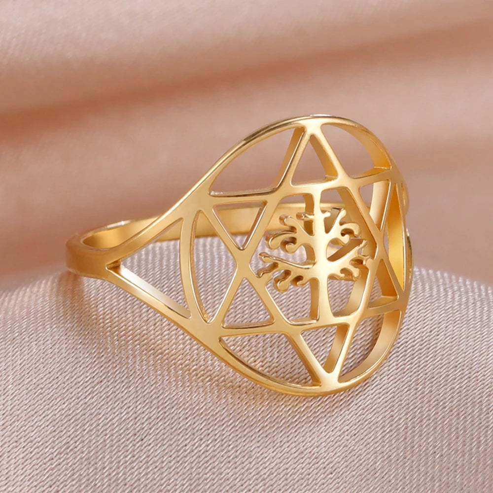 Hexagram Tree of Life Ring - Star of David & Pentagram Kabbalah