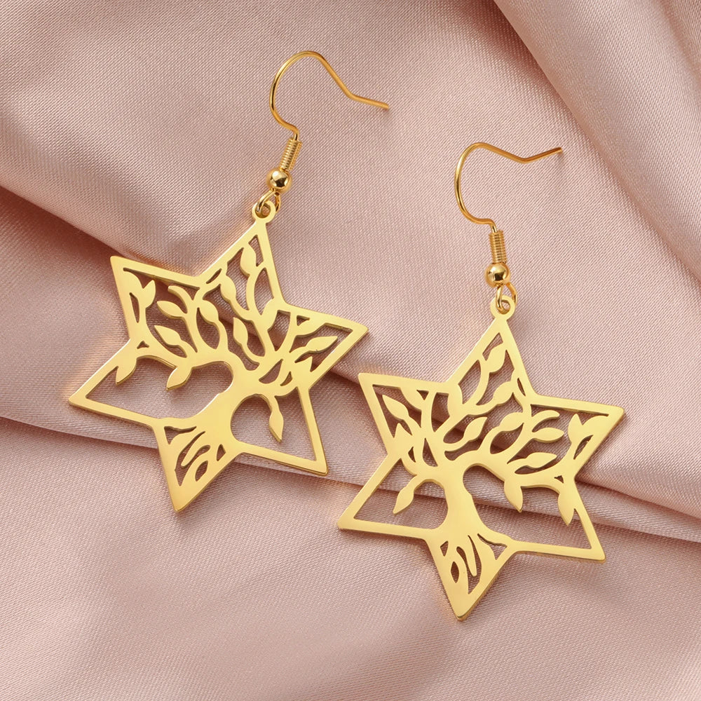 Tree of Life Dangle Earrings for Women - Stainless Steel Geometric Rhombus & Hexagram Star Fashion Jewelry Pendant