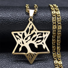 Magen Star of David Tree of Life Necklace - Gold Color Hollow Hexagram Pendant