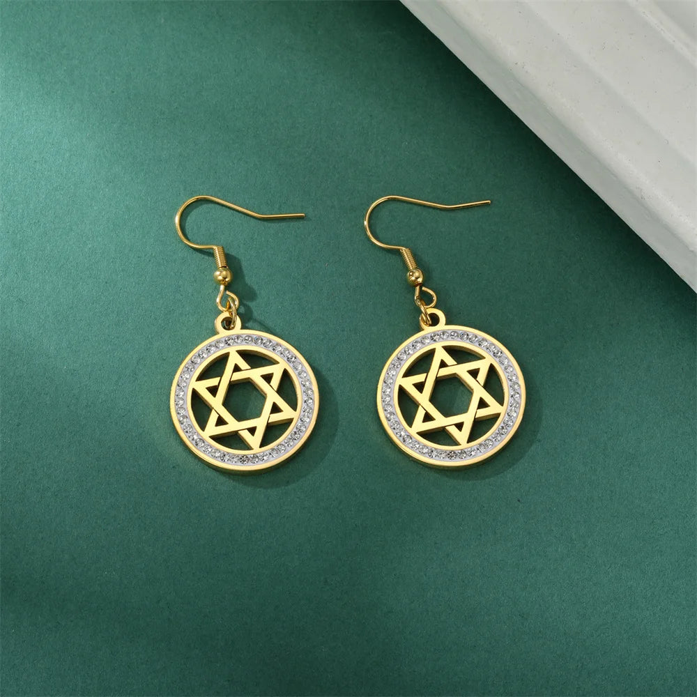 Star of David Dangle Earrings for Women & Girls - Hexagram Moon Pendant with Zircon, Stainless Steel Israel Jewish Jewelry Charm