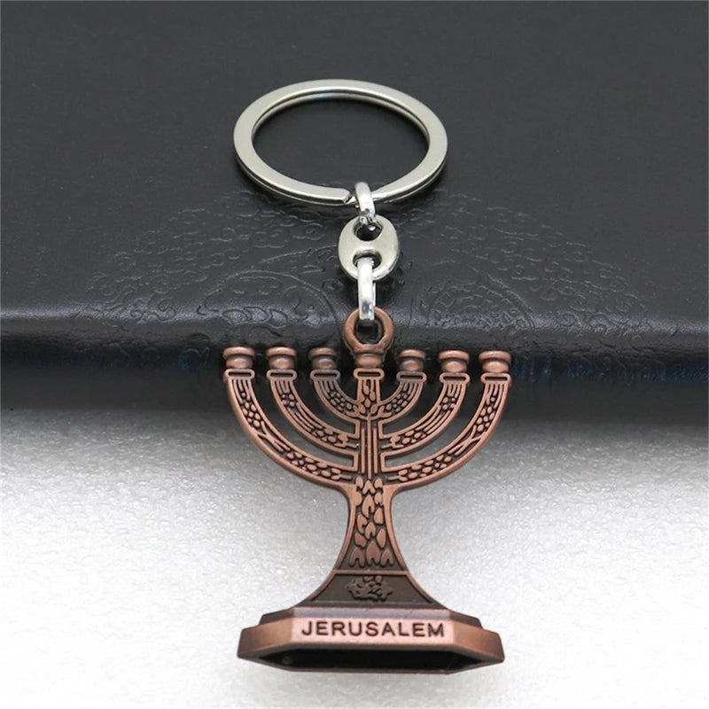 12 Tribes of Israel Menorah Jerusalem Temple 7 Branch Jewish Candle Holder Keychain for Bag Backpack Ornaments Pendant