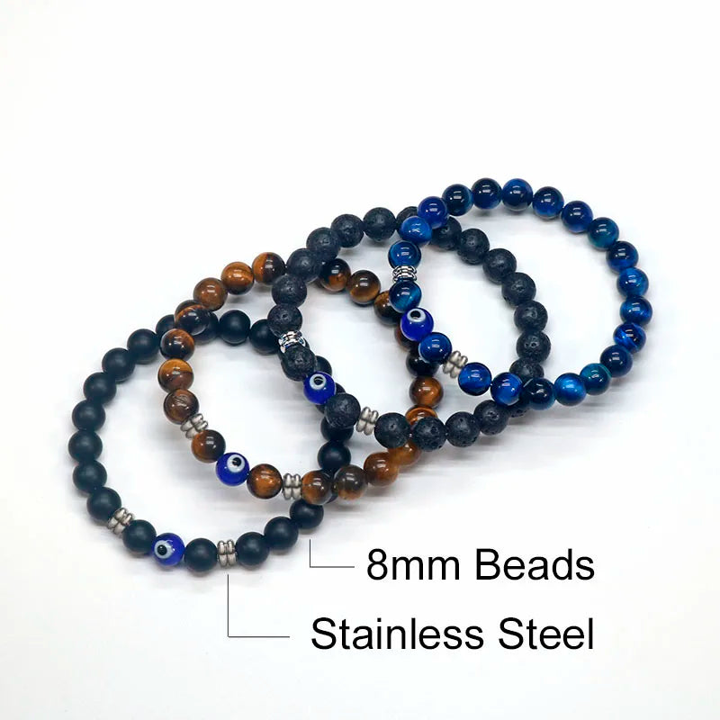 Natural Tiger Eye Beaded Bracelet | Men & Women Turkish Amulet with Blue Evil Eye