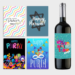 Purim Wine Bottle Labels – 12pcs Self-Adhesive Stickers for Jewish Festival Decor