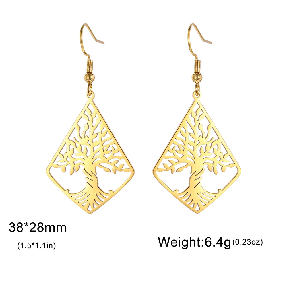 Tree of Life Dangle Earrings for Women - Stainless Steel Geometric Rhombus & Hexagram Star Fashion Jewelry Pendant