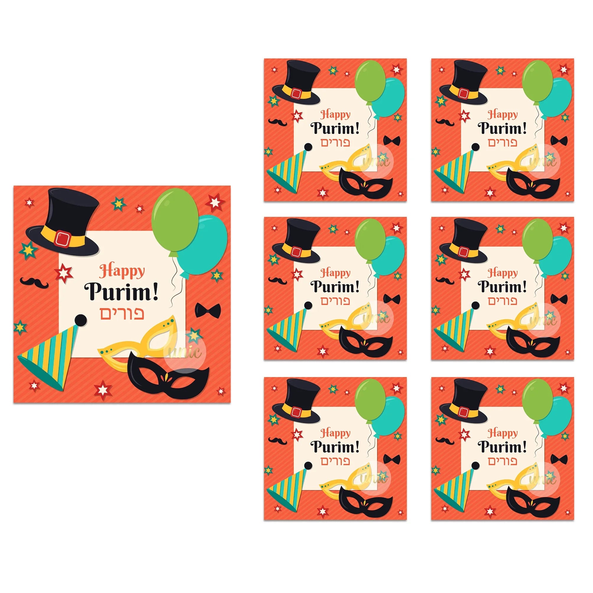 Purim Celebration Stickers – Self-Adhesive Square Labels for Jewish Holiday Gift Bag Decor