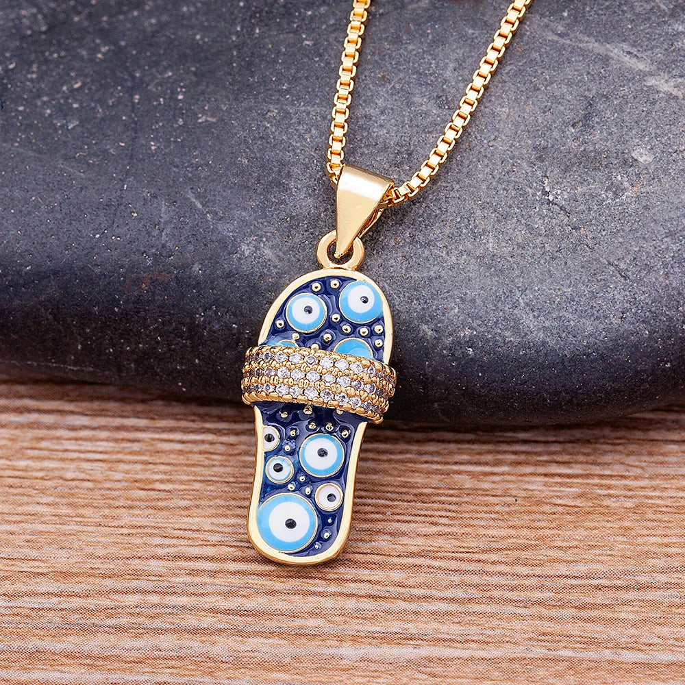 Enamel Slipper Evil Eye Pendant Necklace