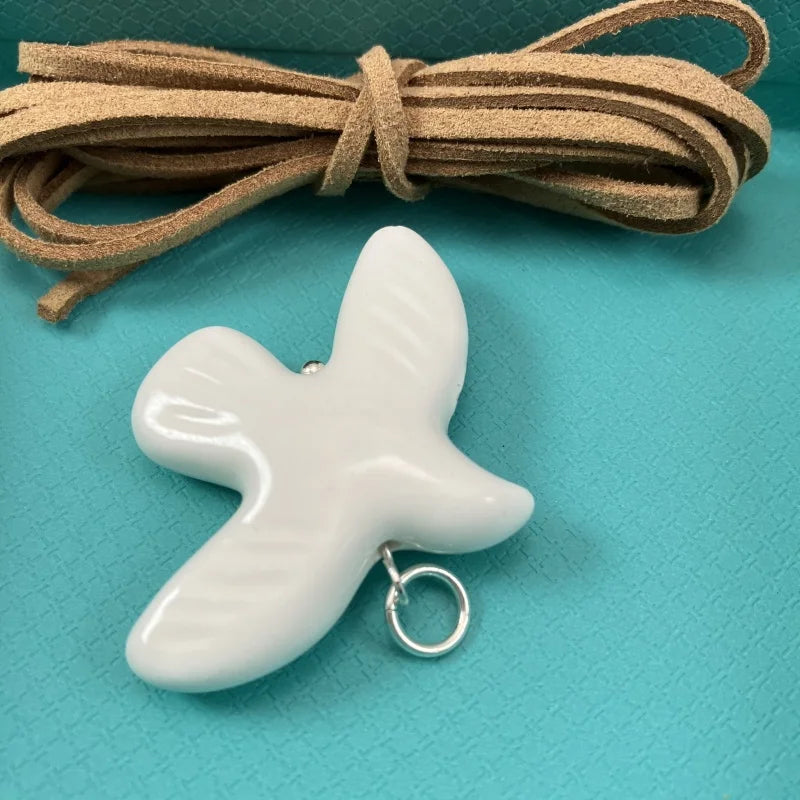 High-Grade White Ceramic Bird Peace Dove Pendant Necklace - Velvet Wax Rope