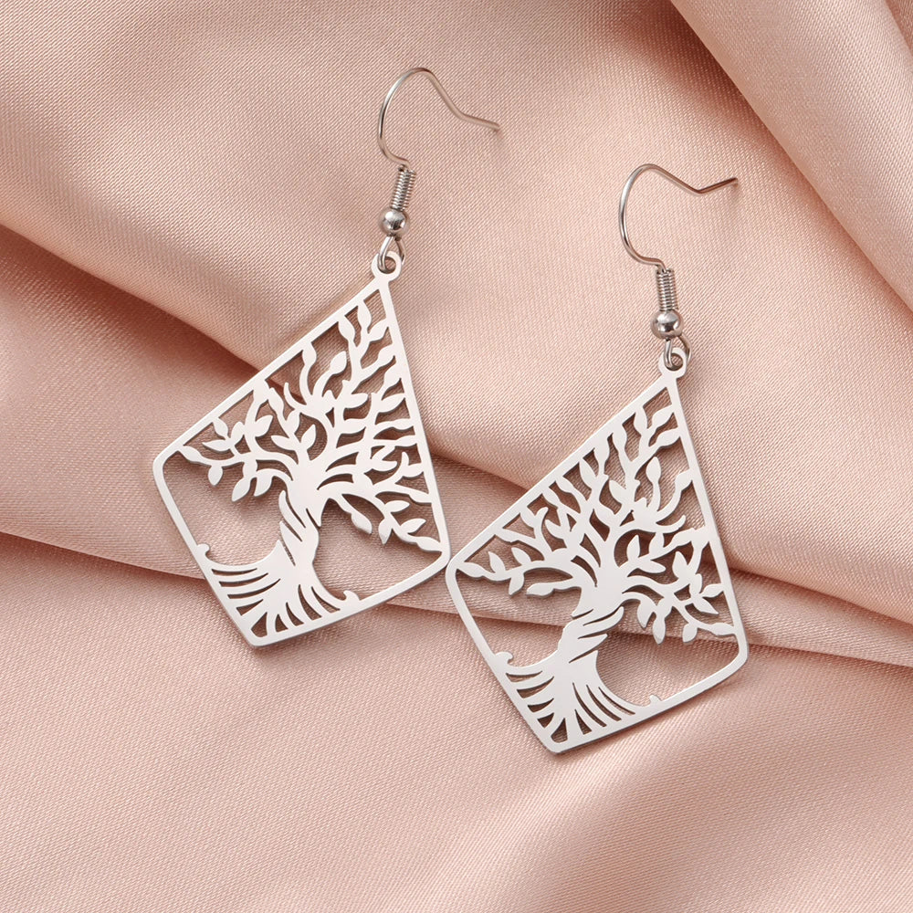 Tree of Life Dangle Earrings for Women - Stainless Steel Geometric Rhombus & Hexagram Star Fashion Jewelry Pendant