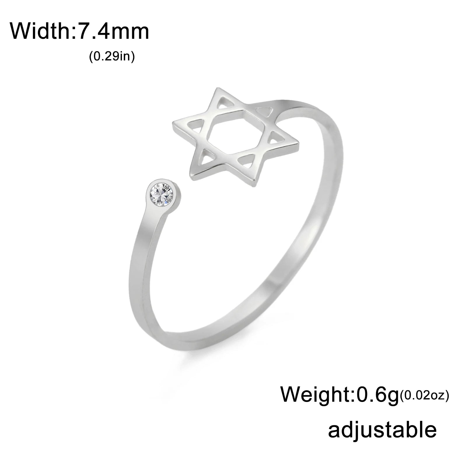 Star of David Zircon Ring for Women - Adjustable Stainless Steel Hexagram Jewish Amulet