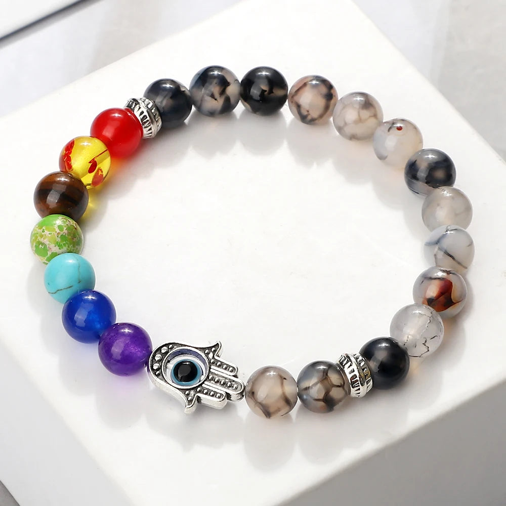 7 Chakra Bracelet - Natural Tiger Eye, Lava, Onyx & Agate Beads with Turkish Evil Eye & Hand of Fatima Charms