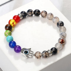 7 Chakra Bracelet - Natural Tiger Eye, Lava, Onyx & Agate Beads with Turkish Evil Eye & Hand of Fatima Charms