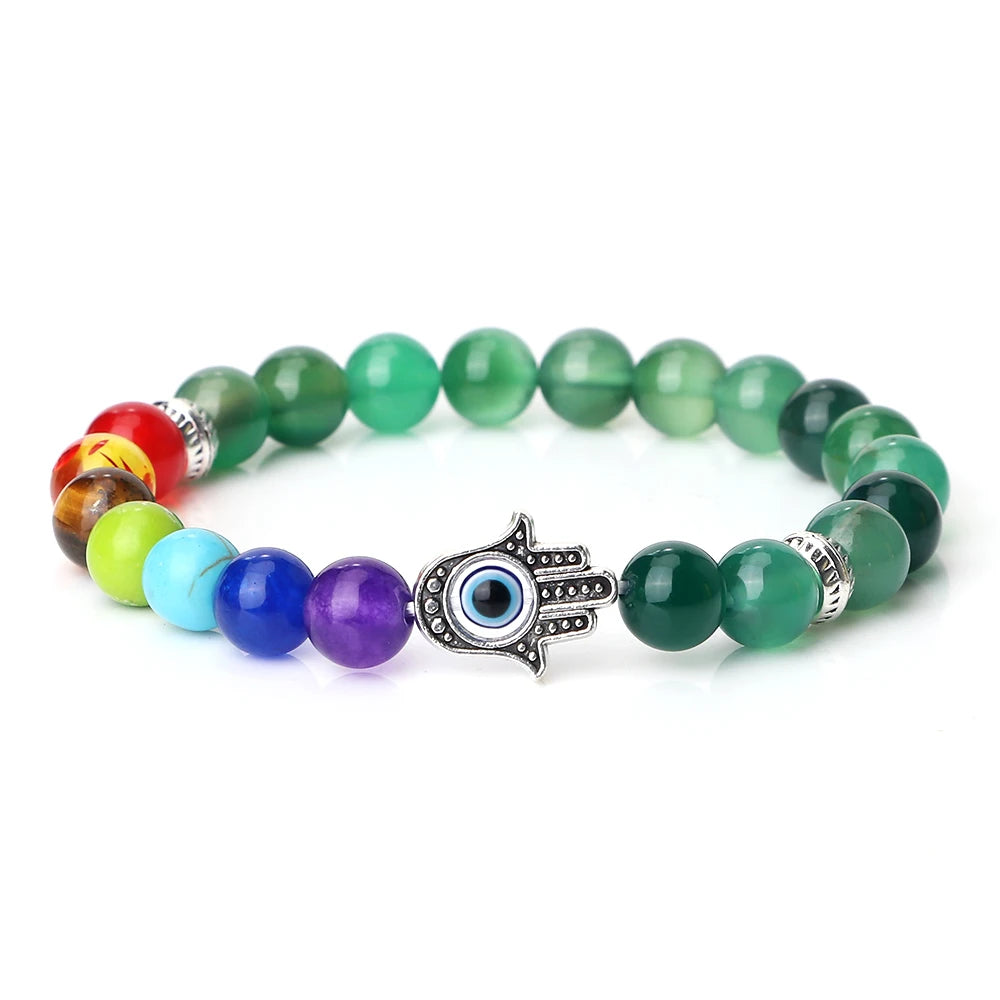 7 Chakra Bracelet - Natural Tiger Eye, Lava, Onyx & Agate Beads with Turkish Evil Eye & Hand of Fatima Charms