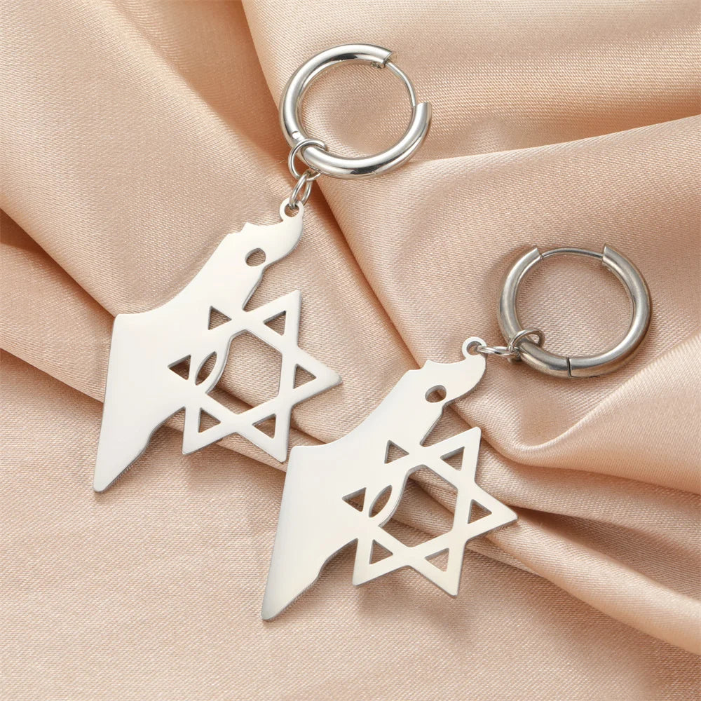 Star of David & Map of Israel Hoop Earrings - Stainless Steel Hexagram Jewelry