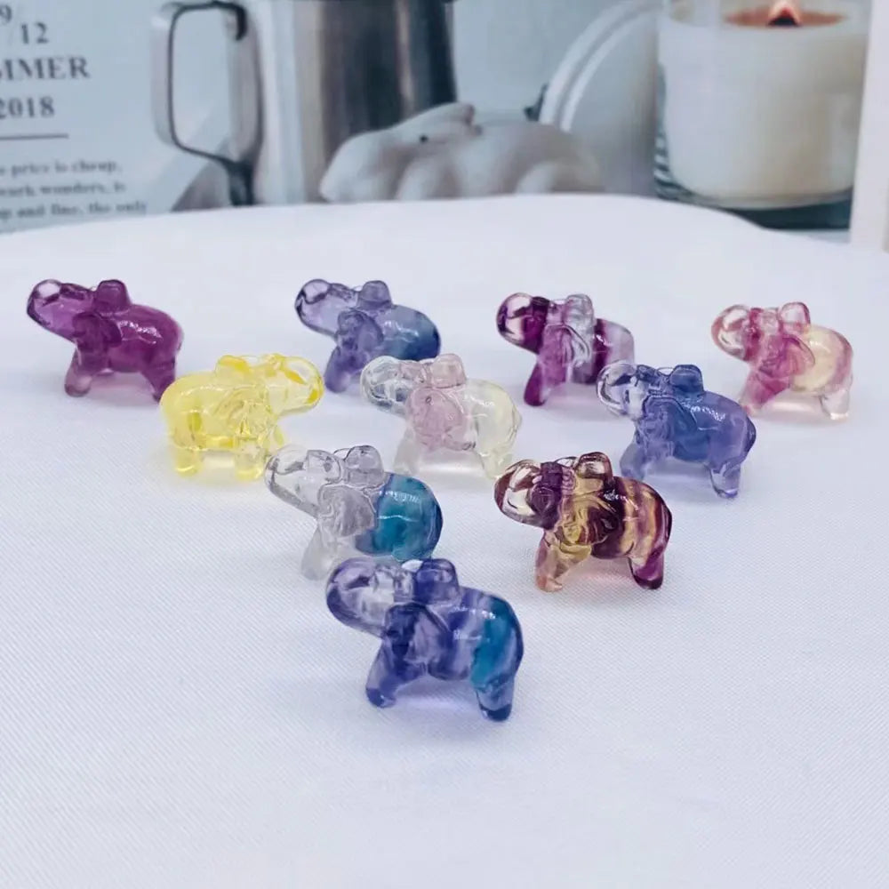 Mini Elephant Carving – Natural Rainbow Fluorite Stone Crystal Figurine