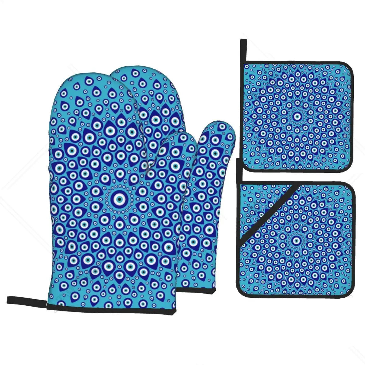 Evil Eye Hamsa Hand Pattern Oven Mitts & Pot Holders Set (4PC)