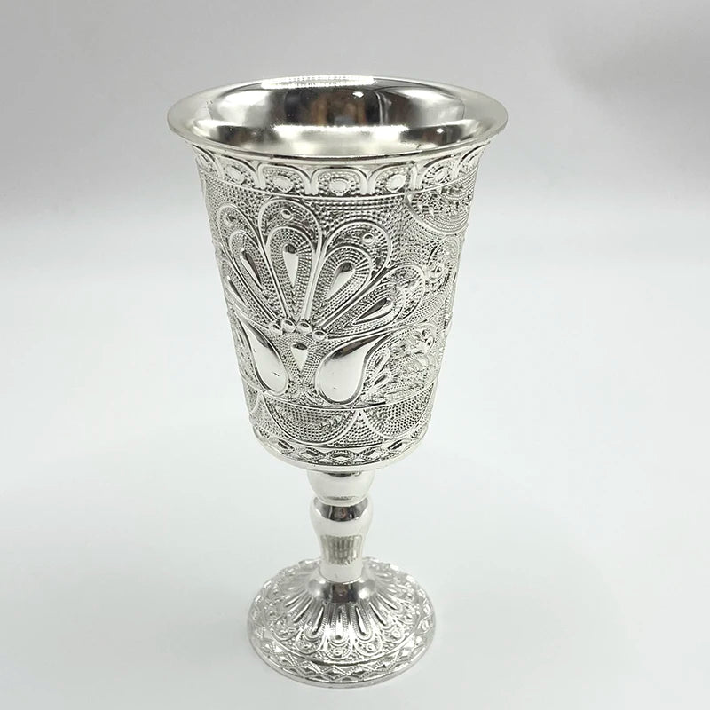 Silver Plated Judaica Kiddush Cup with Flower Design Base & Matching Tray