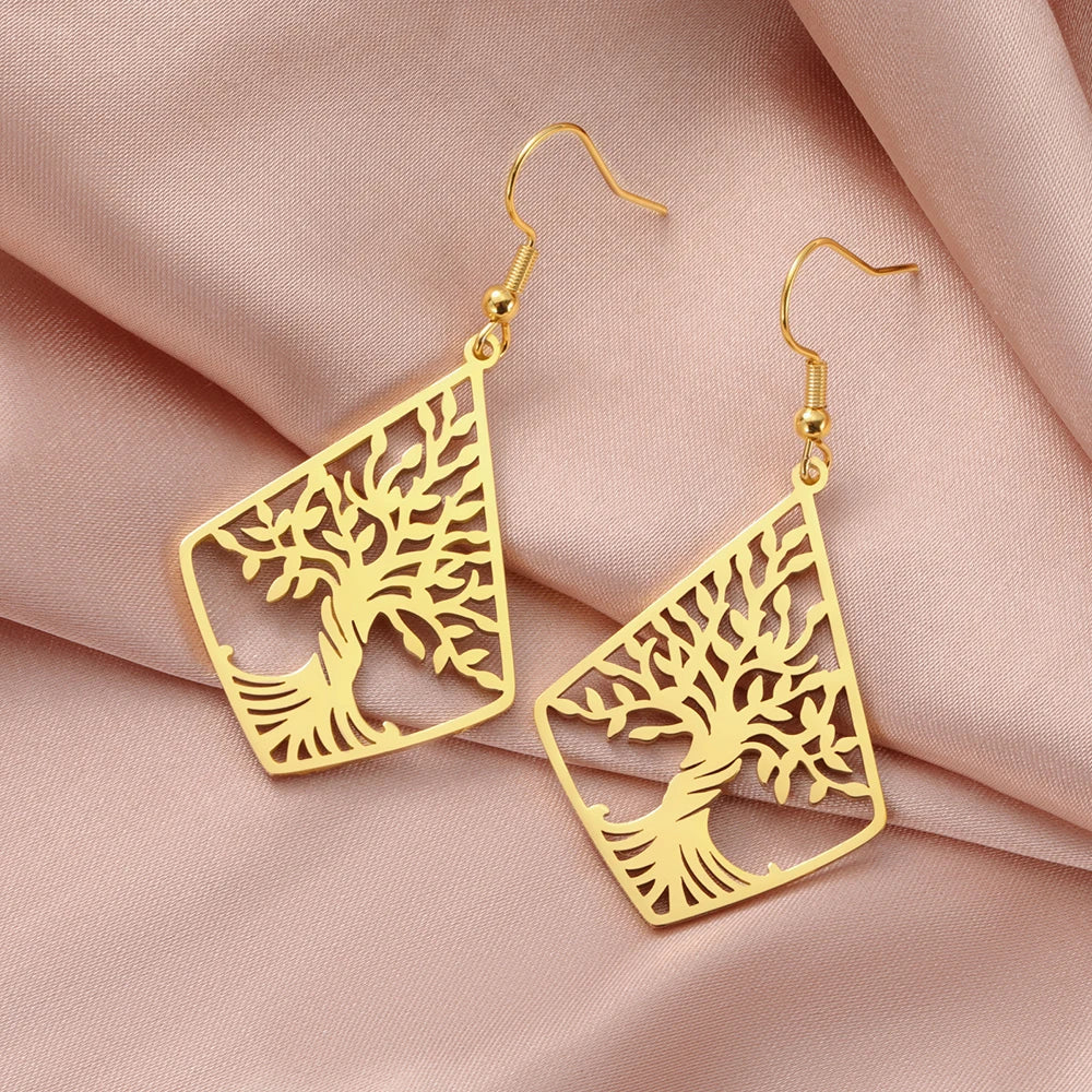 Tree of Life Dangle Earrings for Women - Stainless Steel Geometric Rhombus & Hexagram Star Fashion Jewelry Pendant