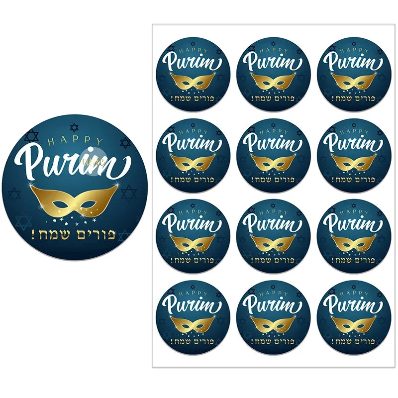 Happy Purim Self-Adhesive Stickers – Hebrew Labels for Jewish Holiday and Party Decor