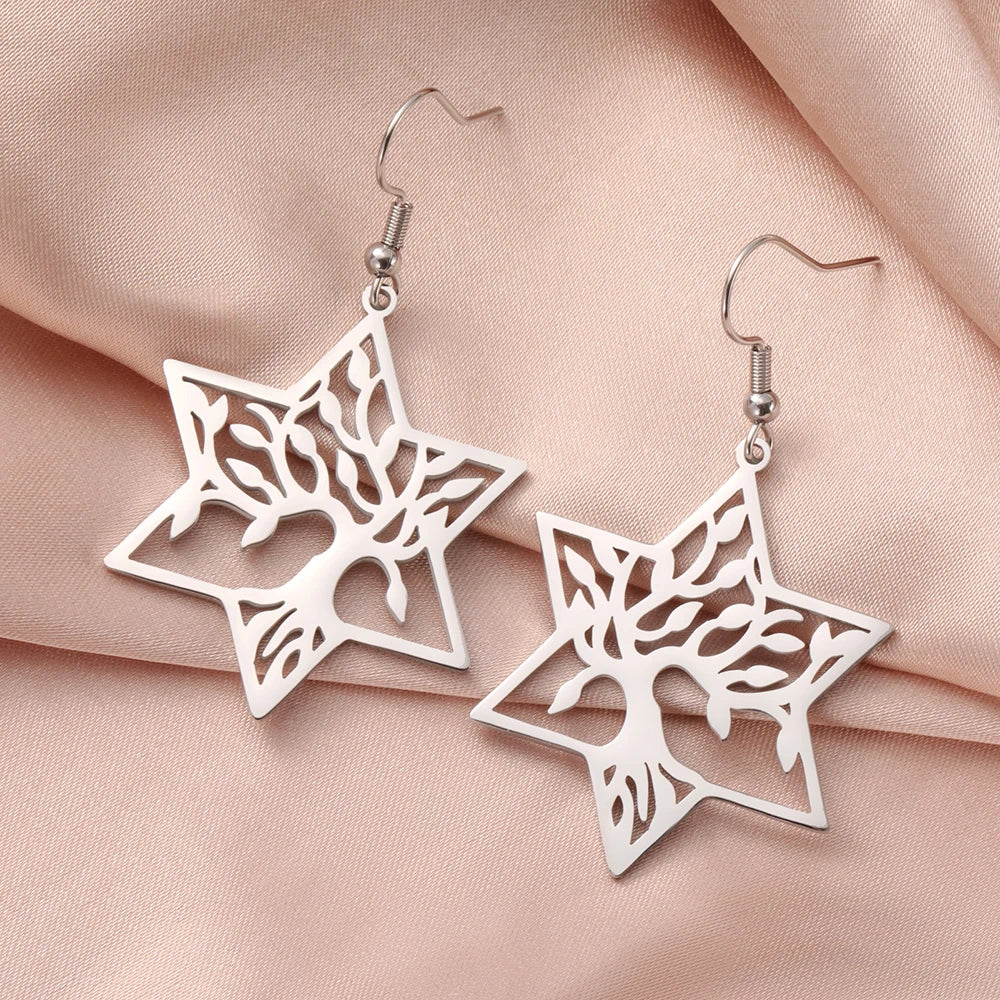 Tree of Life Dangle Earrings for Women - Stainless Steel Geometric Rhombus & Hexagram Star Fashion Jewelry Pendant