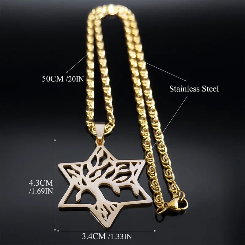 Magen Star of David Tree of Life Necklace - Gold Color Hollow Hexagram Pendant