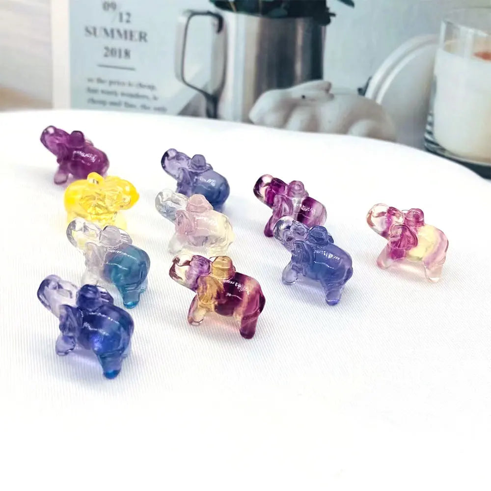 Mini Elephant Carving – Natural Rainbow Fluorite Stone Crystal Figurine