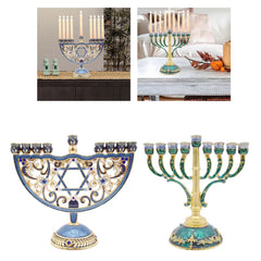 Enameled Metal Hanukkah Menorah with Jeweled Accents Bejeweled Jewish Candlesticks