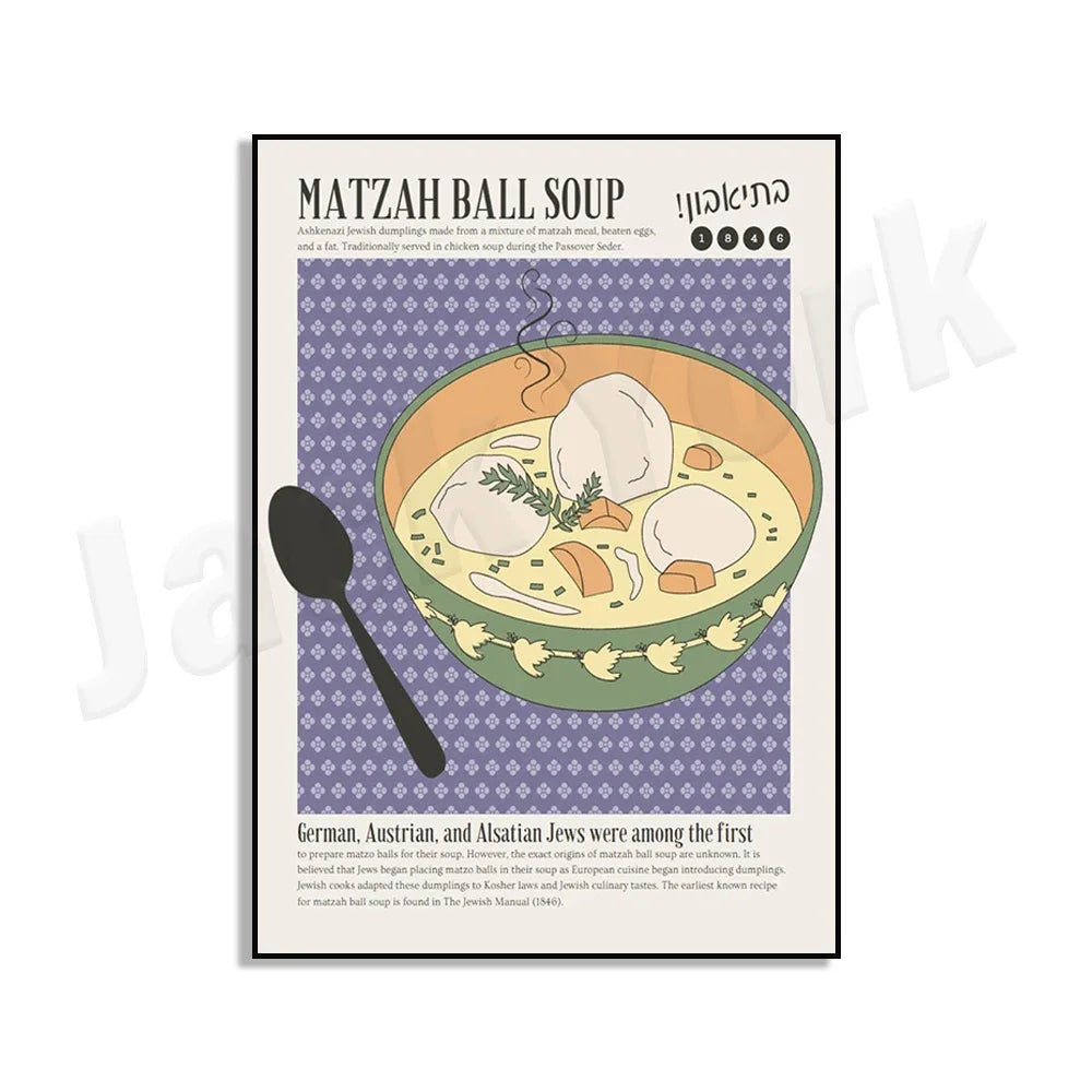 Jewish Food Kitchen Poster – Matzo Ball Soup, Hanukkah Potatoes, Purim Cookies & Chocolate Gel Decor