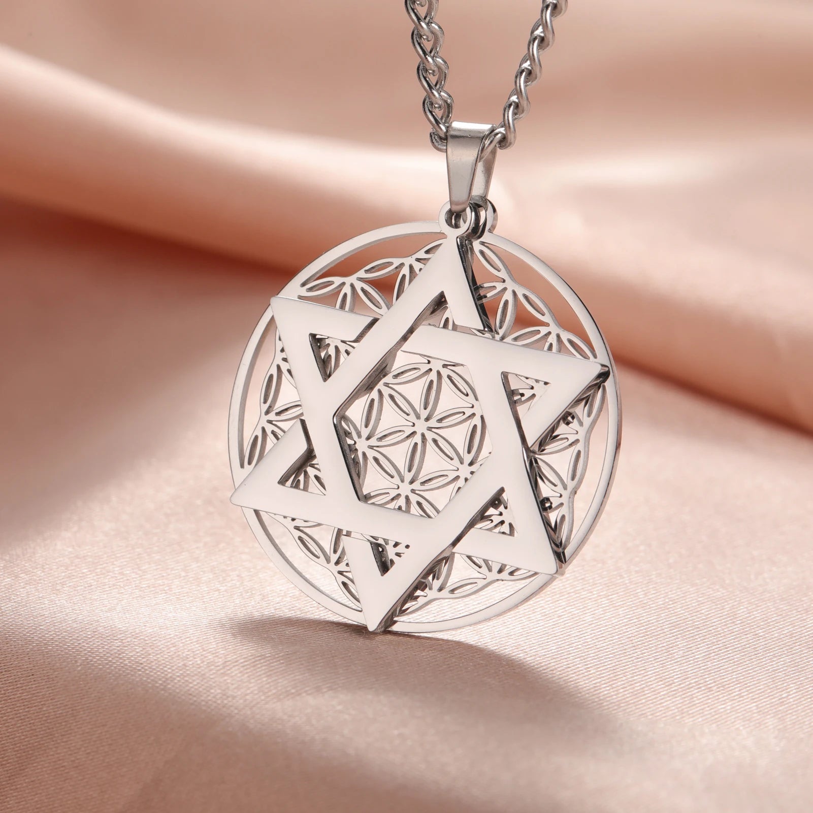 Star of David Pendant Necklace - Stainless Steel Viking Flower of Life Amulet Chain