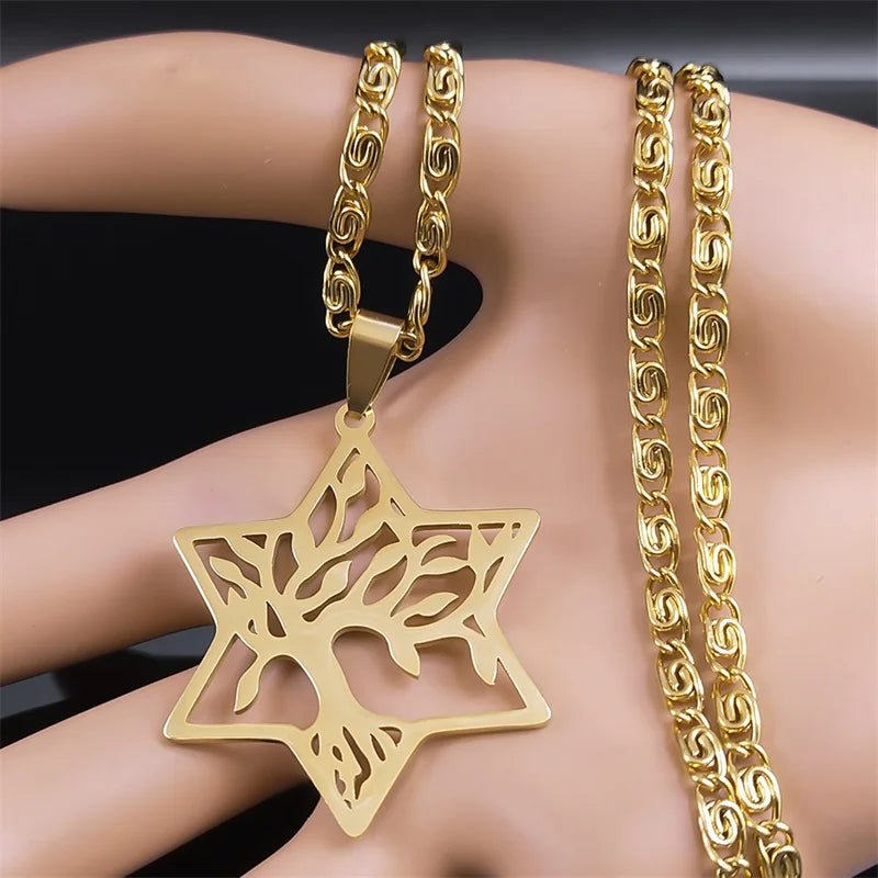 Magen Star of David Tree of Life Necklace - Gold Color Hollow Hexagram Pendant