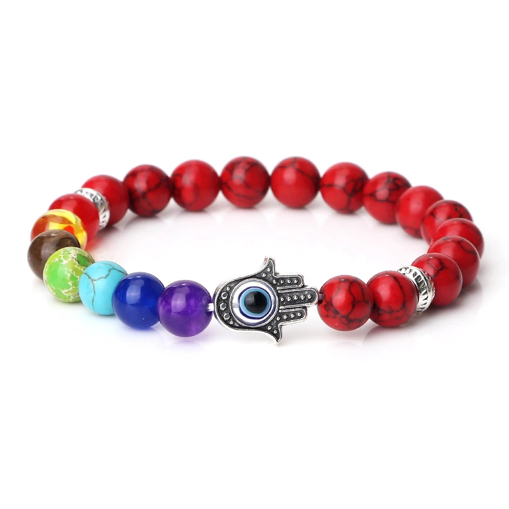 7 Chakra Bracelet - Natural Tiger Eye, Lava, Onyx & Agate Beads with Turkish Evil Eye & Hand of Fatima Charms