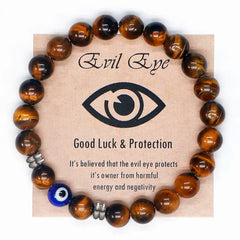 Natural Tiger Eye Beaded Bracelet | Men & Women Turkish Amulet with Blue Evil Eye