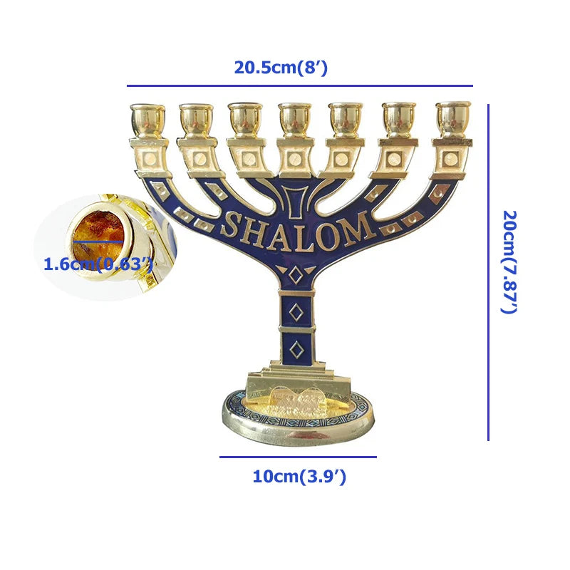 Israel Shalom Menorah - 7-Branch Candelabra with 12 Tribes and Jerusalem Temple for Home Decoration